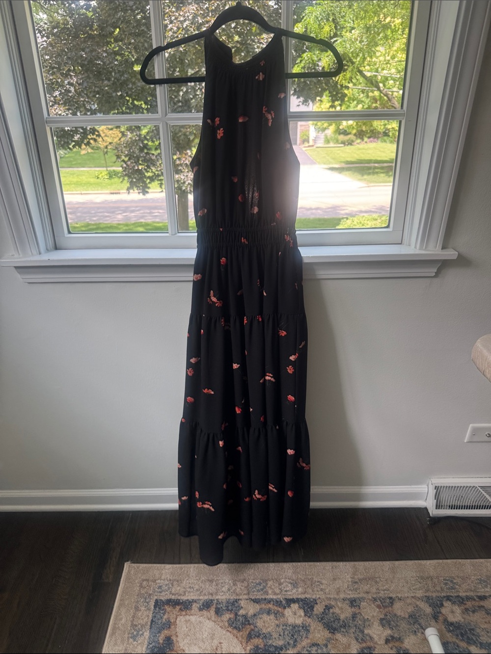 Wilfred Black Maxi Dress with Pink Floral Accents